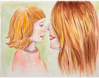 Ritratto ad acquerello di madre e figlia, stampa artistica, download digitale di decorazioni per la cameretta dei bambini