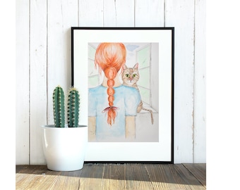 Stampa artistica di gatto rosso, illustrazione ad acquerello di ragazza alla finestra, download digitale