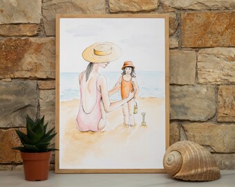Stampa da spiaggia per madre e figlia, arte murale costiera ad acquerello