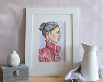 Elegante donna in abito vintage, opera d'arte, acquerello rosa, decorazione murale femminile