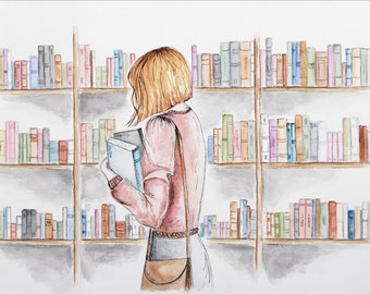 Download digitale di "Donna in una biblioteca accogliente", acquerello colorato di una libreria, illustrazione dell'angolo lettura, arte per amanti dei libri