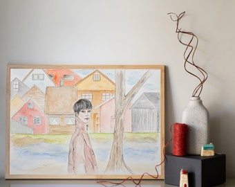 Stampa acquerello di paesaggio nordico, donna in riva al mare, decorazione da parete con architettura scandinava, opera d'arte scaricabile