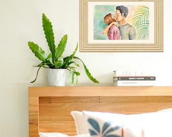 Stampa artistica The Kiss, ritratto di coppia romantico ad acquerello, download digitale di un dipinto d'amore