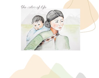 Download digitale di madre e bambino peruviani, arte popolare andina boho, decorazioni murali per la cameretta dei bambini