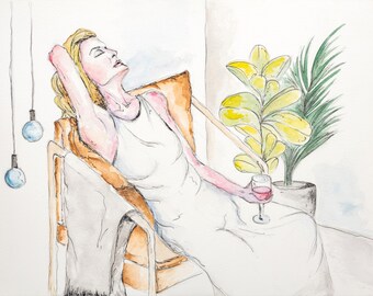 Donna con bicchiere di vino, arredamento minimalista per la casa, acquerello in stile scandinavo, download digitale di arte