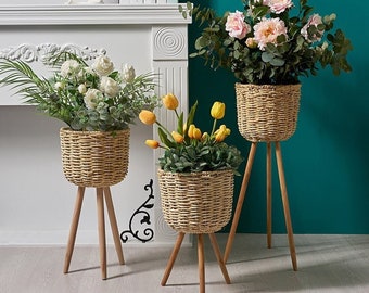 Stand Folding Planter Indoor Outdoor Elegant Wicker Basket Flowers Plants 
