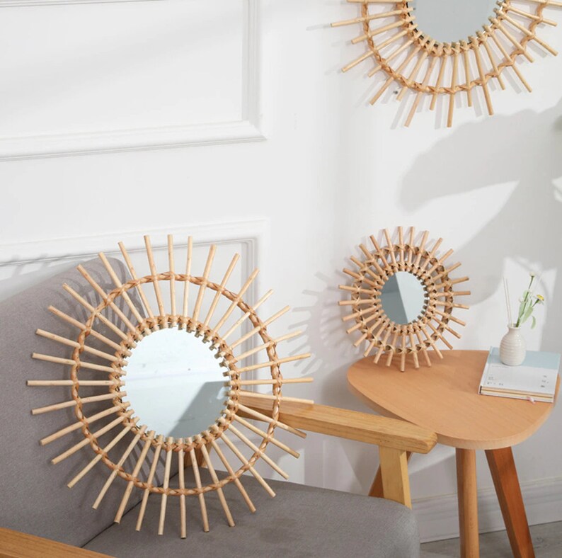 Rattan Mirror Sun Rattan Mirror Wall Decor Mirror Etsy