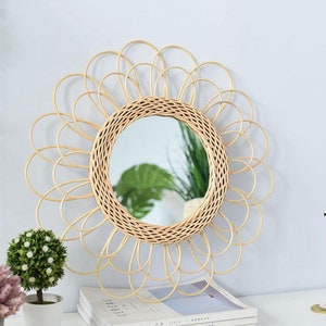 Sunflower Rattan Mirror, Sun Shape Decorative  Rattan Mirror, Rattan Sunflower Circular Wall Mirror, Boho Rattan Wall Decor