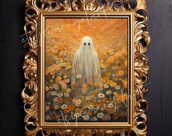 Gruseliger Halloween-Geist in Wildblumen Malerei Kunstdruck Artful