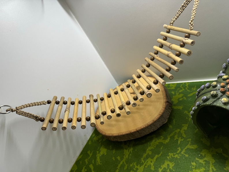 Puede incluir: Un puente de madera para animales peque&ntilde;os, hecho de palos de bamb&uacute; natural y cuentas marrones. El puente est&aacute; suspendido de una cuerda y est&aacute; unido a un tronco de madera.