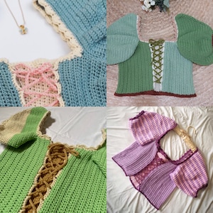 Puede incluir: Cuatro tops de crochet en diferentes colores con detalles de encaje. Los tops tienen un frente con cordones y están hechos con una variedad de puntos.