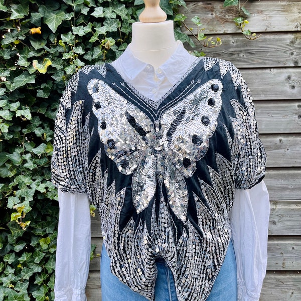 Vintage Silk Sequin Butterfly Top (S/M)