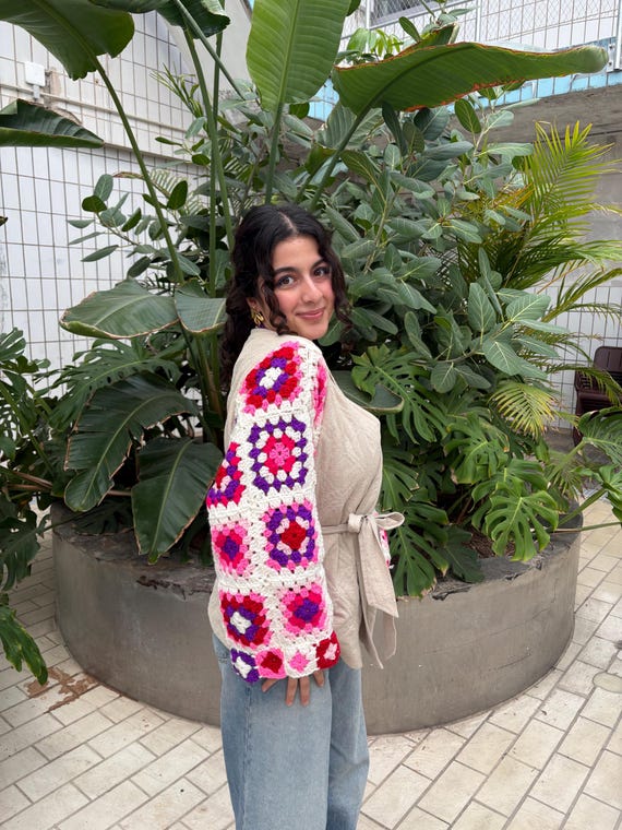 Crochet Pennylane Upcycled Jacket Boho Style Size L