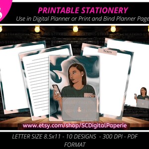May include: Printable stationery featuring a woman with a laptop and phone, with a marble background. The text "Notes" is on one of the pages. The stationery is letter size, 8.5 x 11 inches, and comes in 10 designs.