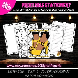 May include: Printable planner pages featuring a black and white checkered background with a yellow shoe illustration. The text "I can do anything with the right shoes" is featured on the page. The pages are 8.5 x 11 inches and 300 DPI.