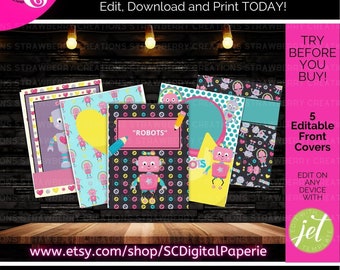 Robots, Editable Notebook Binder Covers, Back to School, Personalize by Adding Name, Year or Subject, Digital Template, INSTANT DOWNLOAD