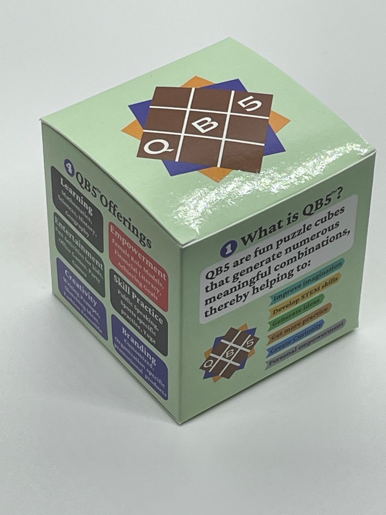 May include: A green cube with a brown and blue design on the top. The cube has the text "QB5 Offerings" on one side and "What is QB5?" on another side. The text on the cube describes the benefits of using QB5, such as improving imagination, developing STEM skills, and generating ideas.