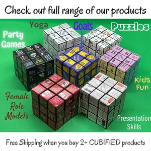 May include: A collection of colourful 3x3 Rubik's Cube puzzles with different themes, including "Yoga", "Goals", "Puzzles", "Female Role Models", "Kids Fun", and "Presentation Skills".