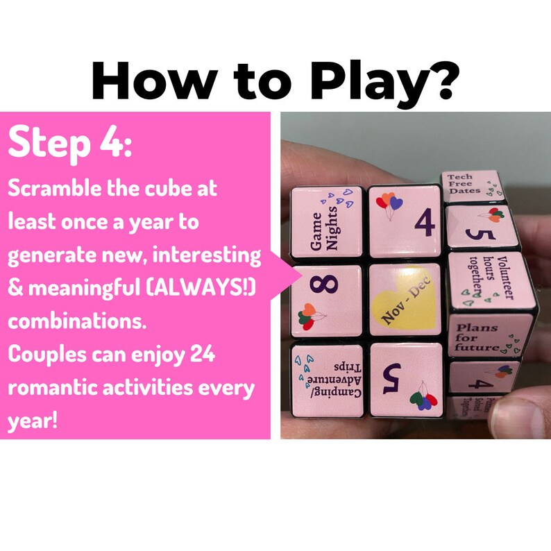 May include: A pink and black cube with different activities written on each side. The cube is labelled with activities such as "Game Nights", "Tech Free Dates", "Volunteer Hours", "Plans for Future", "Camping Adventure", and "Nov-Dec".