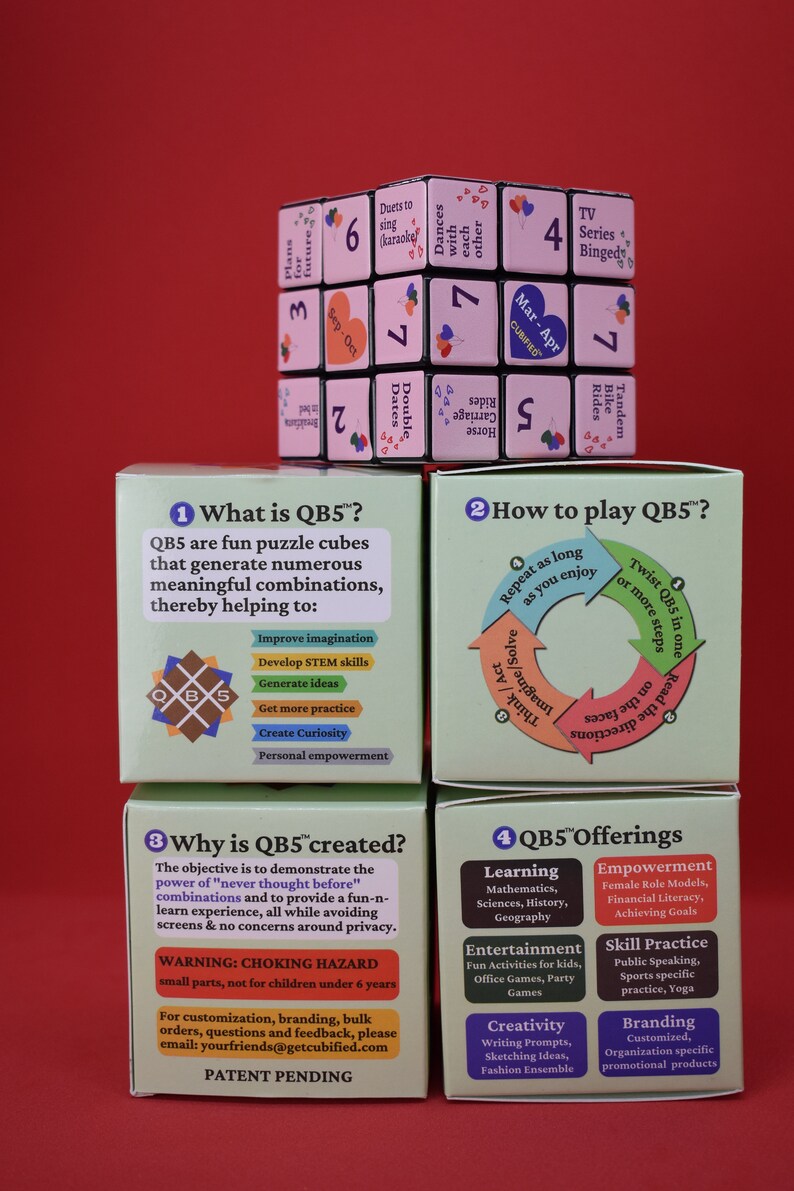 May include: Four green boxes with white text and illustrations. The boxes are labelled "What is QB5?", "How to play QB5?", "Why is QB5 created?", and "QB5 Offerings". The boxes describe a game or activity that uses puzzle cubes to generate ideas and encourage creativity.