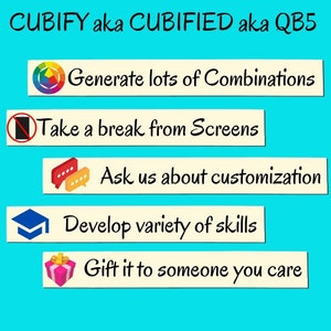 May include: A turquoise background with five white rectangular boxes, each with a different icon and text. The icons are a colour wheel, a phone with a red slash through it, two speech bubbles, a graduation cap, and a gift box. The text reads "Generate lots of Combinations", "Take a break from Screens", "Ask us about customization", "Develop variety of skills", and "Gift it to someone you care".