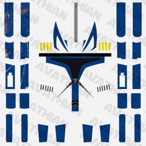 Könnte beinhalten: Ein Aufkleberbogen mit einer stilisierten blau-weißen Helm-Grafik mit zentralem T-förmigem Visier, flankiert von vertikalen blauen Streifen und rechteckigen Akzenten. Das Design enthält gelbe Strichmarkierungen und den wiederholten Wasserzeichentext AVATHIAN.