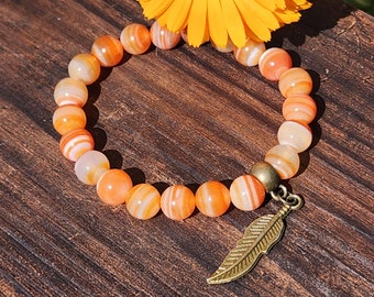 Sunrise (Truth), orange bracelet, striped orange agate, feather charm, truth and reconciliation, orange shirt day, indiginous support gift