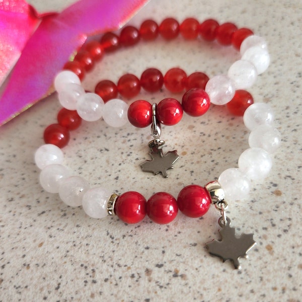 Oh Canada bracelet, red coral, white jade, red jasper, maple leaf charm, stretch band, canada day gift accessory, for mental health