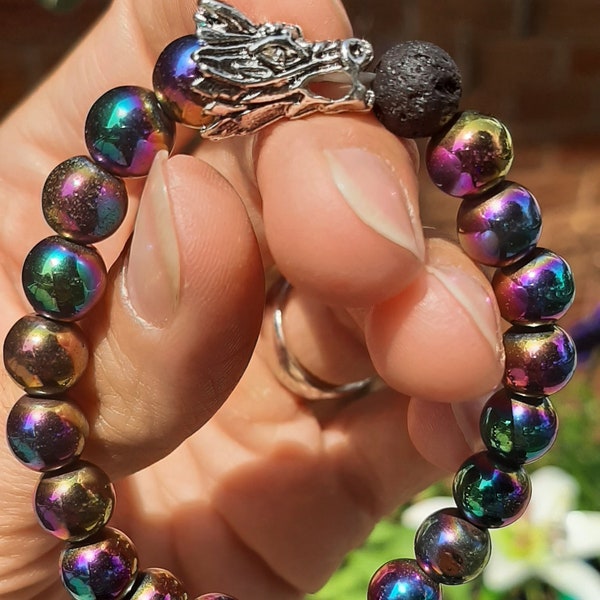 Rainbow Dragon, rainbow hematite dragon bracelet, lavastone, for mental health