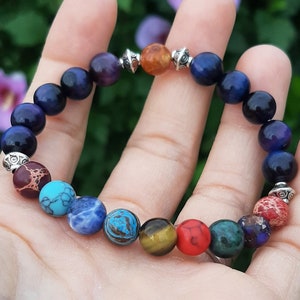 Solar System, assorted gemstone bracelet, galaxy tigers eye or blue sandstone, mental health awareness