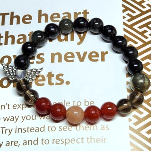 Healing Heart, grief support, gemstone bracelet, obsidian (apache tears), pyrite, smokey quartz, carnelian, sunstone, winged heart charm