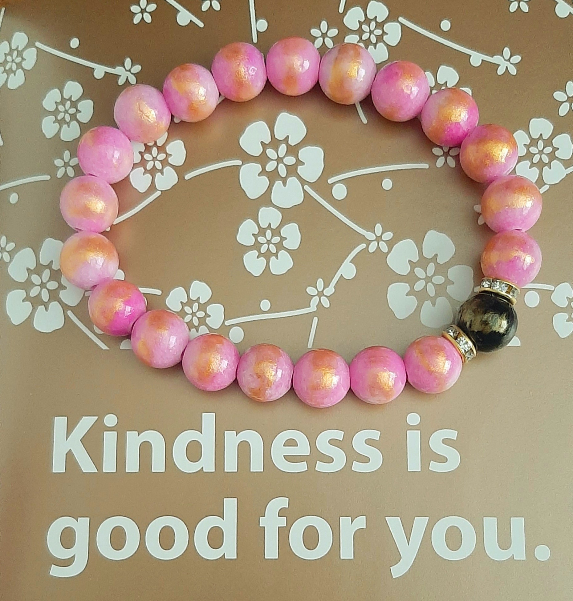 Love Conquers Pink lapis Lazuli Gemstone Bracelet Pink Shirt