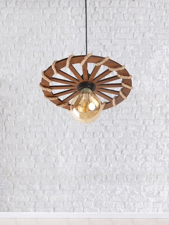 Wood Pendant Light Rope Ceiling Light Rustic Light Fixture Etsy