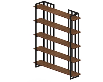 Librería de madera, Librería industrial, Librería de madera con estantes metálicos, Unidad de biblioteca y exhibición de objetos, Proyecto Solidworks, DWG, SLDPRT