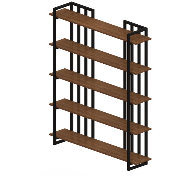 Wooden Bookcase, Industrial Bookshelf, Wooden Bookcase with Metal Racks , Object Display and Library Unit, Solidworks Project, DWG, SLDPRT