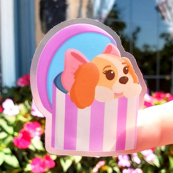 Lady Puppy in a Box Transparent Waterproof Vinyl Sticker - Disney Gifts for Her