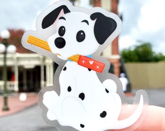 Sticker chiot dalmatien avec churro en vinyle transparent imperméable - Sticker animal chien Disney