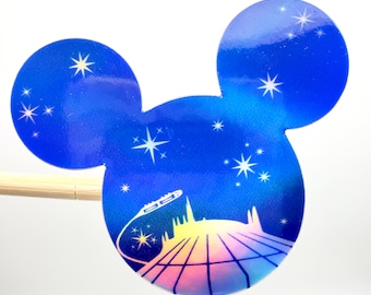 Sticker souris Space Mountain holographique en vinyle imperméable - Sticker bouteille pour ordinateur portable Disney