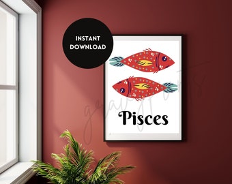 Pisces Zodiac Astrology Sign Print, Instant Download, Poster, Wall Art