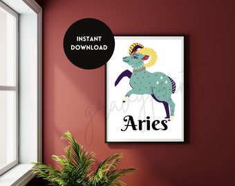 Aries Zodiac Astrology Sign Print, Instant Download, Poster, Wall Art