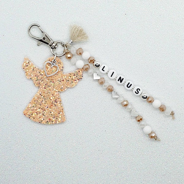 Schlüsselanhänger/ Handykette aus Perlen personalisiert mit Namen / Anhänger Herz und Engel Glitzer, Rosegold und Gold