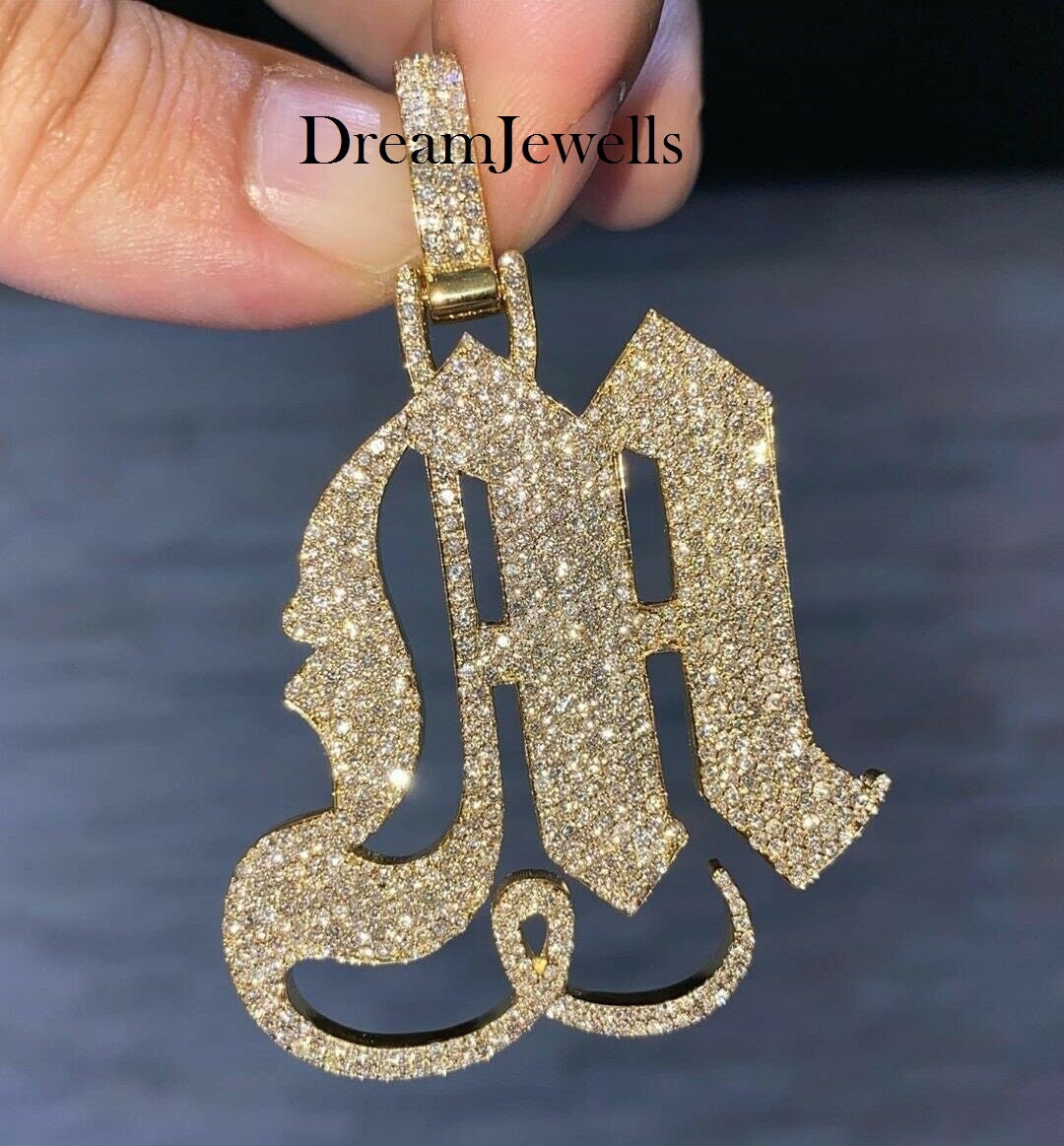 Custom Made Old English Initial Letter M Pendant / CZ/Moissanite Round Diamond / 3D ice Out / Your Dream Pendant 925 Sterling Silver 2.5 inc