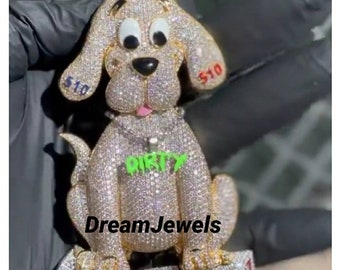 Custom Hand Made Hiphop Dog Cartoon Pendant / CZ/Moissanite Round Diamond / 3D ice Out / Your Dream Pendant 925 Sterling Silver 2.5 inch