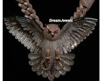 Custom Hand Made Hiphop Flying Owl Pendant / CZ/Moissanite Round Diamond / 3D ice Out / Detailed Work/ Dream Pendant 925 Sterling Silver