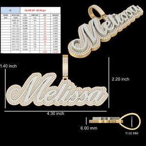 Pingente de prata Melissa feito à mão com letras personalizadas/CZ/Diamante Moissanite/3D ice Out/Pingente do seu sonho 925 prata esterlina 2,5 polegadas