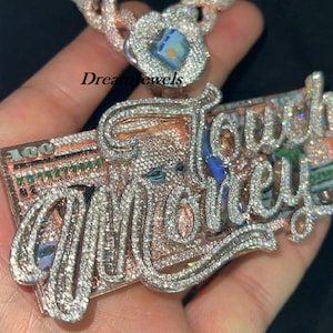 Colgante de carta de dinero táctil hecho a mano / CZ / Moissanite Diamond / 3D ice Out / Your Dream Pendant 925 Sterling Silver