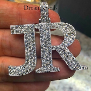Pingente personalizado feito à mão com letra JR/CZ/Moissanite diamante redondo/3D ice Out/Seu sonho pingente 925 prata esterlina 2,5 polegadas