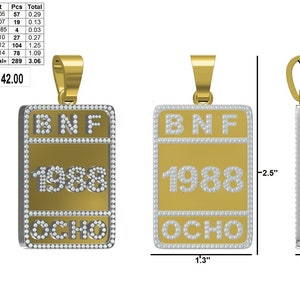 Carta hecha a mano a medida Bnf Ocho 1988 Colgante / CZ / Moissanite Round Diamond / Hielo 3D / Colgante de su sueño 925 Plata esterlina 2,5 pulgadas