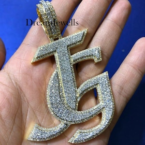 Pingente de escrita cursiva com letra JG personalizada/CZ/Moissanite diamante redondo/3D ice Out/Seu sonho pingente 925 prata esterlina 2,5 polegadas
