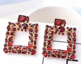 Red Statement Square Rhinestone Earrings/ Fashion Jewelry/ Fashion Accessories/ Statement Earrings